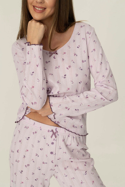 girlstop Kadın Pamuklu Pointelle Fiyonk Detaylı Uzun Kollu Pijama Üstü