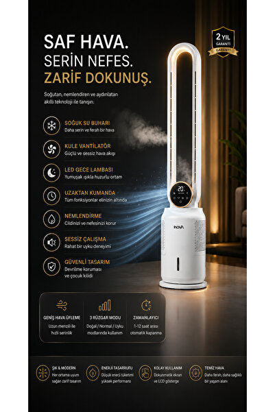 Alerso Dokunmatik, led ekranlı, salınımlı, uzaktan kumandalı kule vantilatör