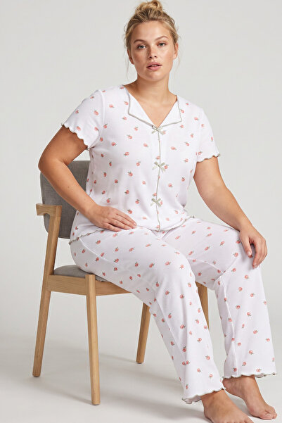 Siyah İnci Costum de pijama tricotat cu model de piersici albe, cu fundă, măr...