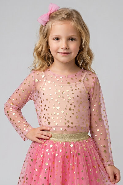 Le Mabelle Crop din tul roz cu mâneci lungi pentru fete, cu model de stele