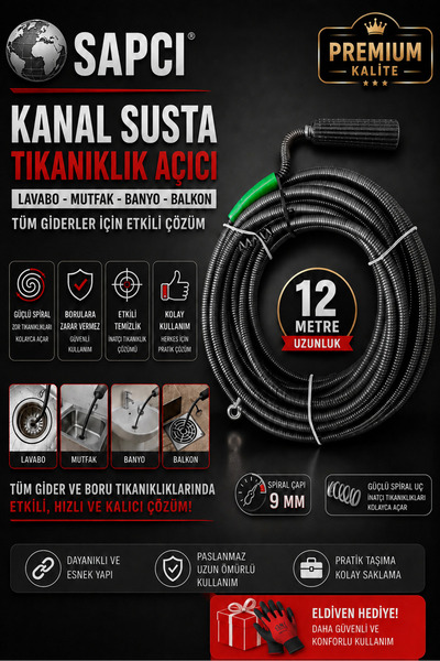 Sapcı Özel Seri 12 metre 9mm Lavabo Gider Tıkanıklık Açıcı Kanal Susta