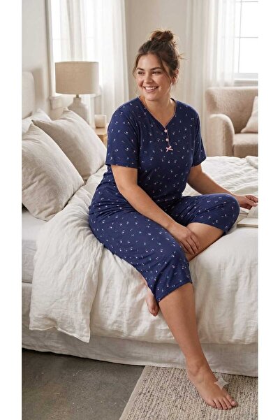 Asel Büyük Beden Kısa Kol Kapri Yumuşak Tuşeli Likralı Örme Pijama Takımı