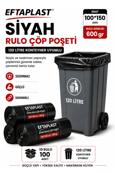 EFTAPLAST 120 LİTRE KONTEYNER İÇİN ÇÖP POŞETİ (10 RULO-600 GR) 100X150 cm