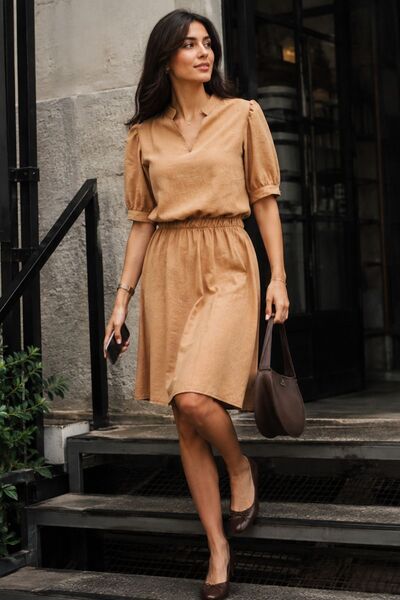 armonika Women's Camel V-Neck Elastic Waist Short Sleeve Flared Dress Arm-25Y...