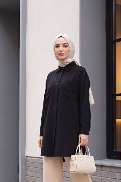 HİJABAYA Çift Cepli Arkası Uzun Gofre Gömlek -Siyah