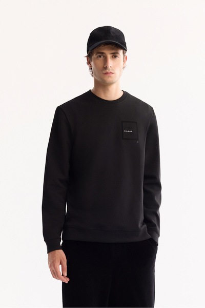 Avva Men's Black Crew Neck Cotton Bi-Stretch Printed Regular Fit Sweatshirt A...