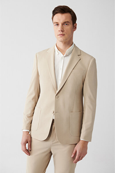 Avva Pánská béžová bunda Slim Fit Blazer z žerzejové látky s podšívkou a rozp...