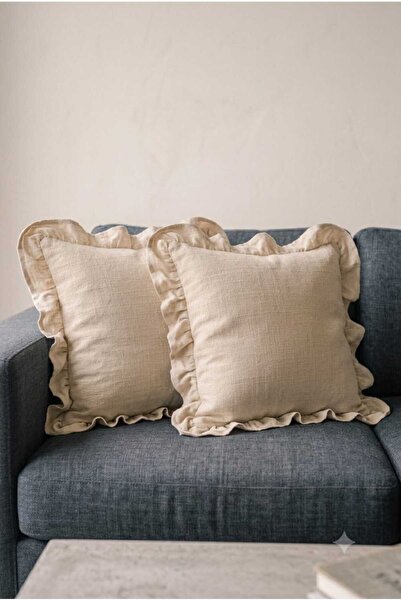 Deko Dekor Set de 2 huse decorative pentru pernă, cu volane, din in, 100% bum...