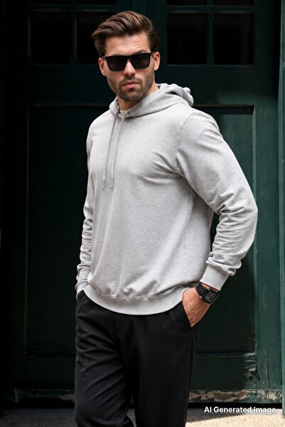 Madmext Gray Hooded Men's Sweatshirt 7069
