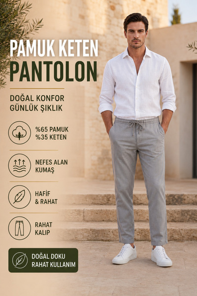 Erkek Gri Pamuk Keten Yazlık Pantolon Bağcıklı Normal Bel Regular Fit Düz Paça