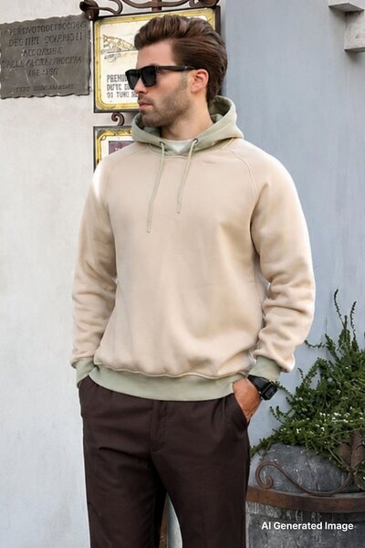 Madmext Beige Color Block Hooded Sweatshirt 7073