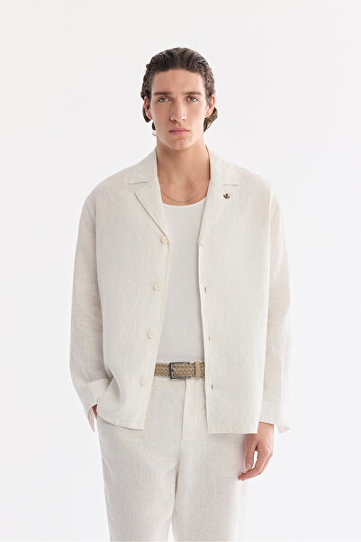 Avva Men's White Apaj Collar Breathable 100% Linen Comfort Fit Shirt Jacket A...