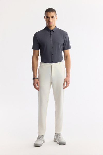Avva Men's Off-White Elastic Waist Bi-Stretch Technical Fabric Slim Fit Trous...