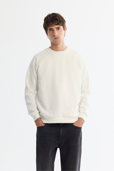 Avva Men's Ecru Crew Neck Printed Elastane Regular Fit Sweatshirt A42Y1335