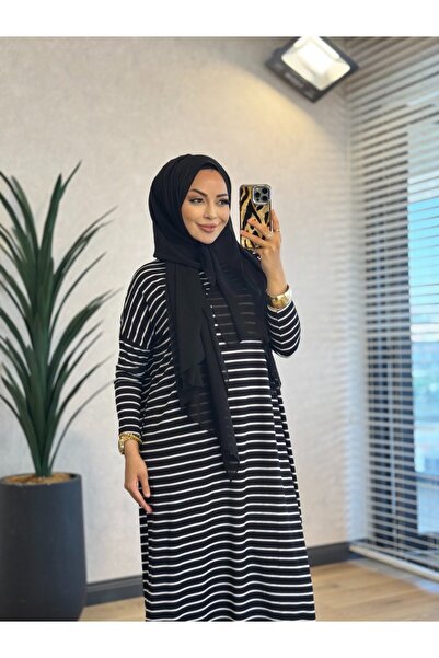 Afili 1217 Striped Slit Long Dress Black