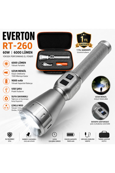 farissu Everton RT-260 60W 6000 Lümen Ultra Güçlü Şarjlı El Feneri - 2 KM Men...