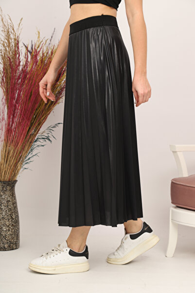 Bahar Altundemir Women's Leather Look Pleated Skirt, Long Pleated Skirt, Hija...
