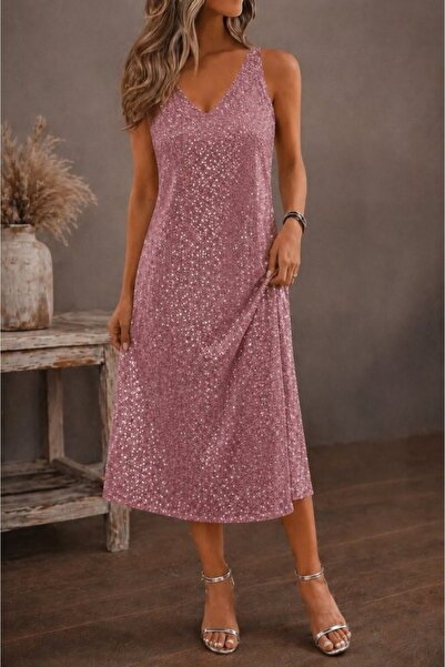 Generic Brand Women's Strappy V-Neck Sequined Midi Dress