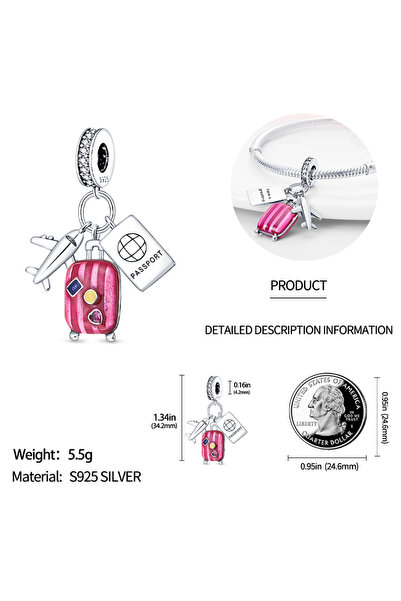 Choice PAC291 Fit Original 925 Sterling Silver Charms Beads Pink Suitcase Pas...