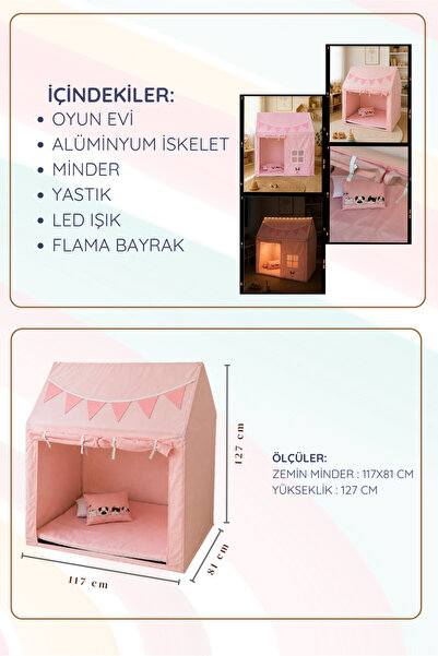 YHH Kids CasaMio Işıklı Oyun Evi Çocuk Oyun Çadırı Minder ve Yastıklı Pembe