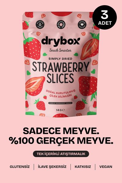 DRYBOX Doğal Kurutulmuş Çilek Dilimleri (Tatlı ve Gevrek) - 14g 3'lü Paket