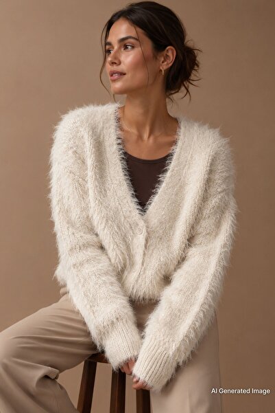 Madmext Beige Bearded Buttoned Women's Cardigan Mg2570