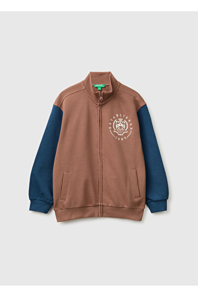 United Colors of Benetton Boy's Brown Embroidered Front Ribbed Collar Sweatsh...