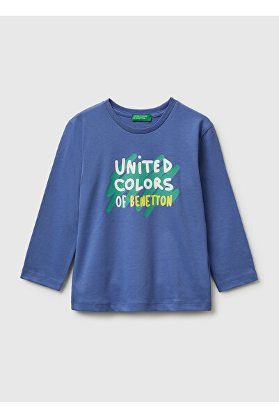 United Colors of Benetton Boy's blue long sleeve t-shirt with logo print on t...