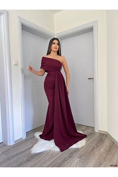 Modafeminen Stretch Fabric One-Shoulder Side Train Detailed Fish Cut Evening ...