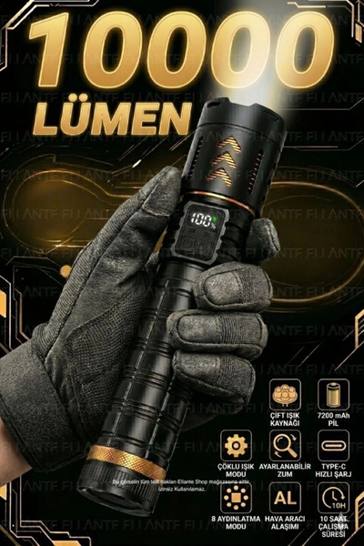 ellante Süper Parlak Taktik El Feneri 10000 Lümen, 7200mAh Şarj Edilebilir Çi...