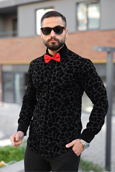 BAYIM Slim Fit Kadife Dokulu Hayvan Desenli Uzun Kollu Erkek Gömlek (Kırmızı/...