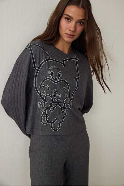 Penti Antrasit Kuromi Baskılı Kayık Yaka Uzun Kollu Termal Etkili Pijama Takımı