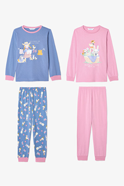 Penti Kız Çocuk Furry Bunny Tavşan Baskılı Pamuklu Uzun Kollu 2'li Pijama Takımı