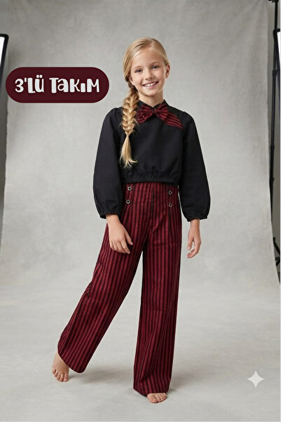 Hilal Akıncı Kids Bluză neagră pentru fete, pantaloni cu dungi, cataramă, set...