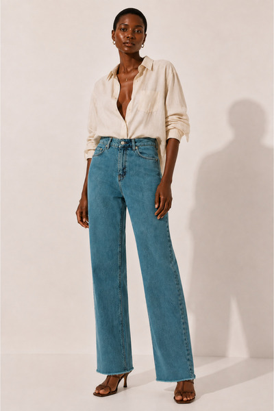 Straight Kalıp Özel Yıkamalı Paçası Serbest Püsküllü Kadın Denim Pantolon