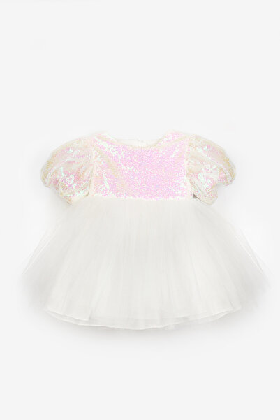 Le Mabelle White Bow Detailed Sequin Baby Girl Dress - Amber