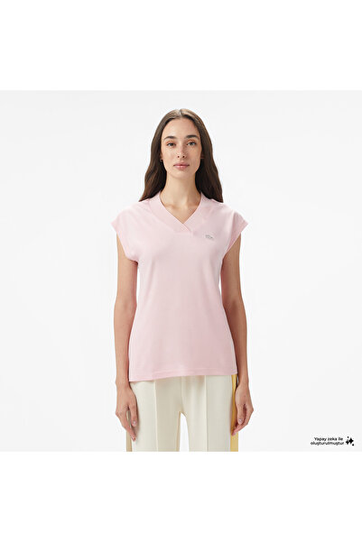 Lacoste Kadın Slim Fit Kolsuz V Yaka Açık Pembe Bluz