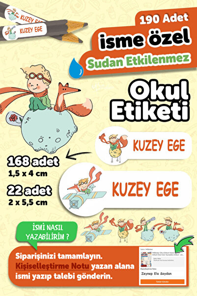 MSticker Okul Etiketi Kalem Defter isimli Etiket Isim Yazılabilen Küçük Prens...