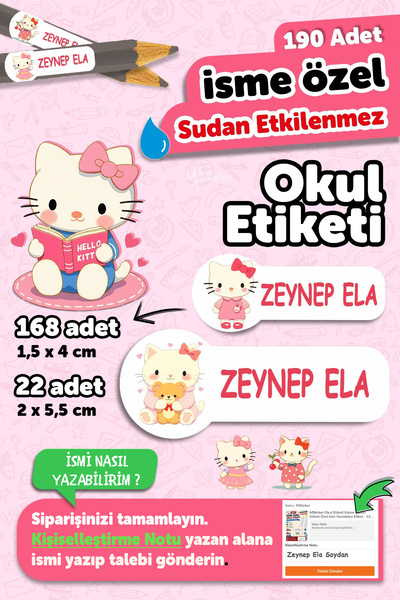MSticker Okul Etiketi Kalem Defter isimli Etiket Isim Yazılabilen Hello Kety ...