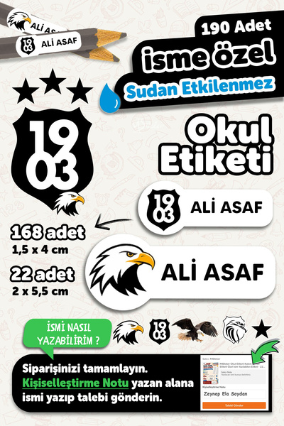 MSticker Okul Etiketi Kalem Defter isimli Etiket Isim Yazılabilen Kartal - 19...