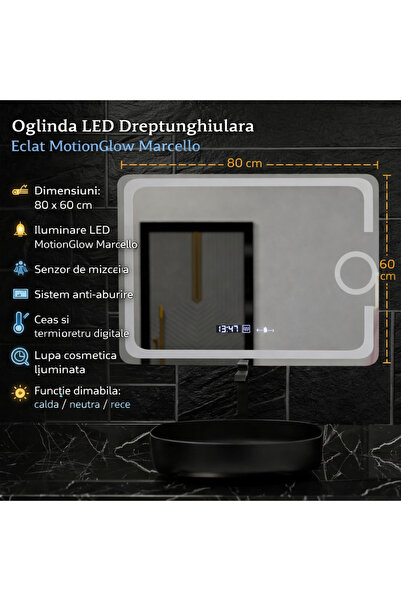 OEM Oglindă dreptunghiulară LED, 80x60 cm, Eclat MotionGlow Marcello, sistem ...