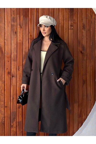 VESS MODA Women's Belted and Buttoned Long Cashmere Coat Brown