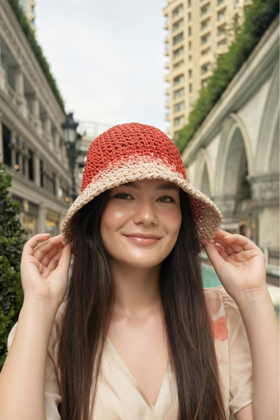 Mollycrush Women's Red Transitional Straw Knitted Bucket Bag |   Summer Beach and Vacation Hat