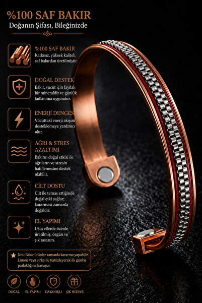 İyyaKee Men's and Women's Red Copper Bracelet with Leather Strips on Top, Dou...