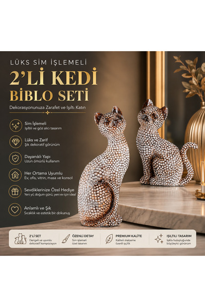 e-life shop Lüks Sim İşlemeli 2'li Kedi Biblo Seti Dekoratif Heykel Ev Ofis K...