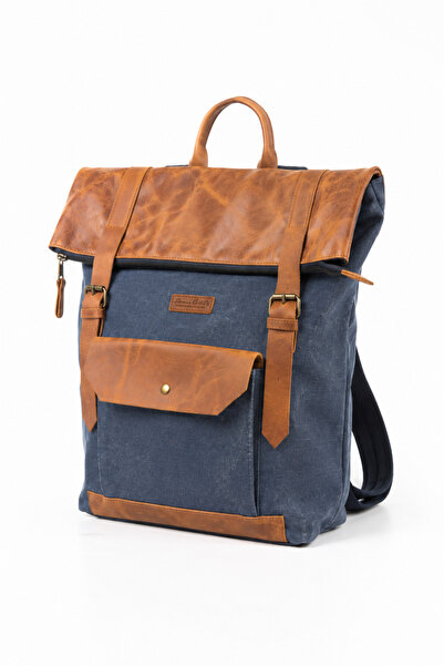 OLD COTTON BAGS Lacivert Kanvas Hakiki Deri Detaylı Unisex Laptop Bölmeli Vin...