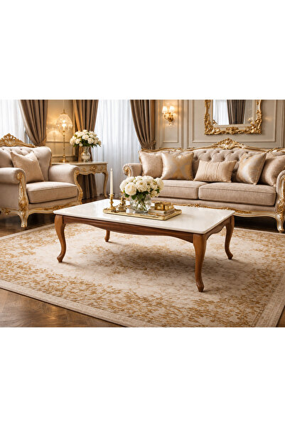 FAMİ HOME | Lina Avangard Orta Sehpa Krem Tabla Ceviz Ayak Modern Salon Sehpası