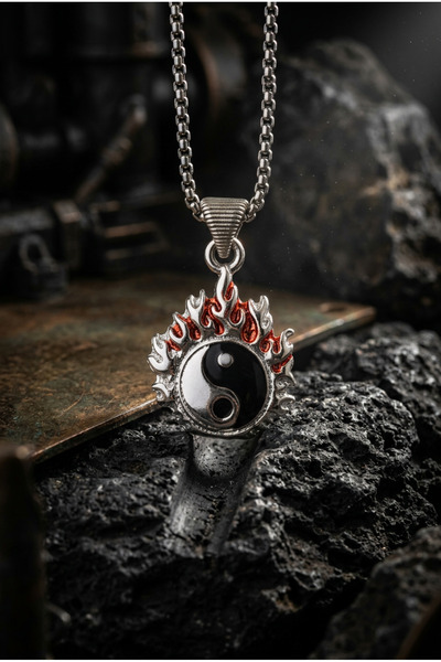 Begondio Alev Motifli Yin Yang Figürlü El İşçiliği Paslanmaz Çelik Zincir Erk...