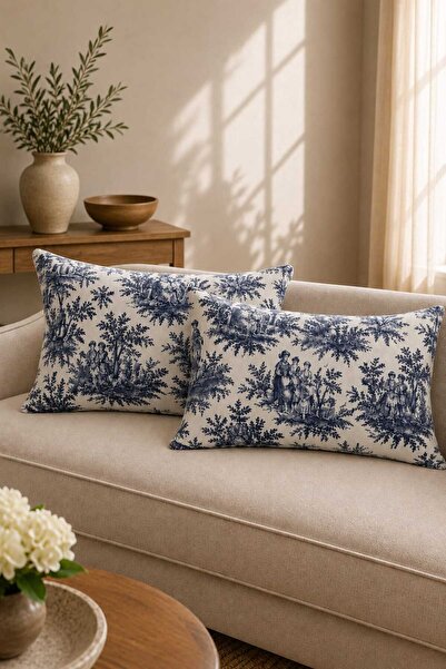linea natura home Lacivert Duck Kumaş Fransız Köylüler Desenli Dekoratif Kırl...