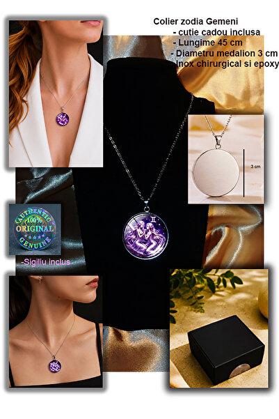 Oxolux, Lavinia Colier din seria Zodiac, in cutie cadou, design cosmic mov, b...